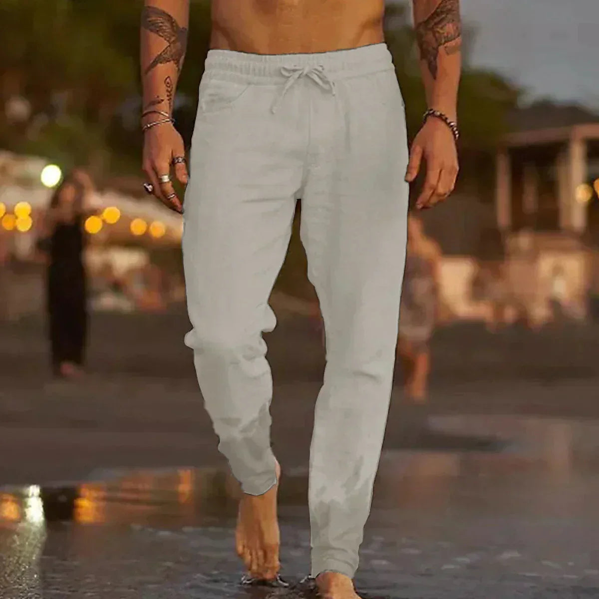 PANTALONS DE PLAGE EN LIN - Gris Clair
